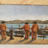 Small painting on masonite representing sailors