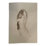 Tableau signé aquarelle monochrome sépia portrait féminin « la coiffure »