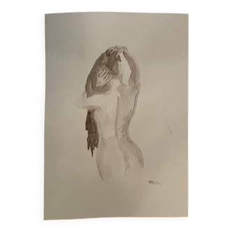 Signed painting monochrome watercolor sepia female portrait "the hairstyle"