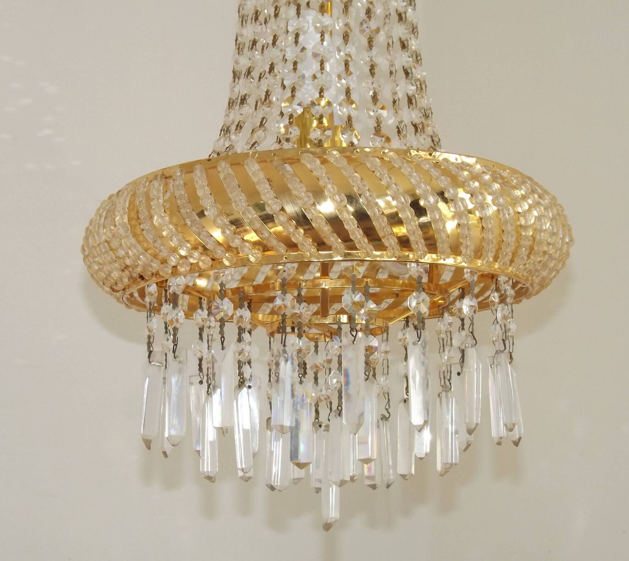 Vintage Gold Metal 5-Light Chandelier – Crystal Beads & Glass Prisms