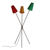 Lampadaire tripode 3 feux et abat-jour tricolore, années 50