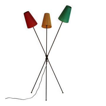 Lampadaire tripode 3 feux et abat-jour tricolore, années 50