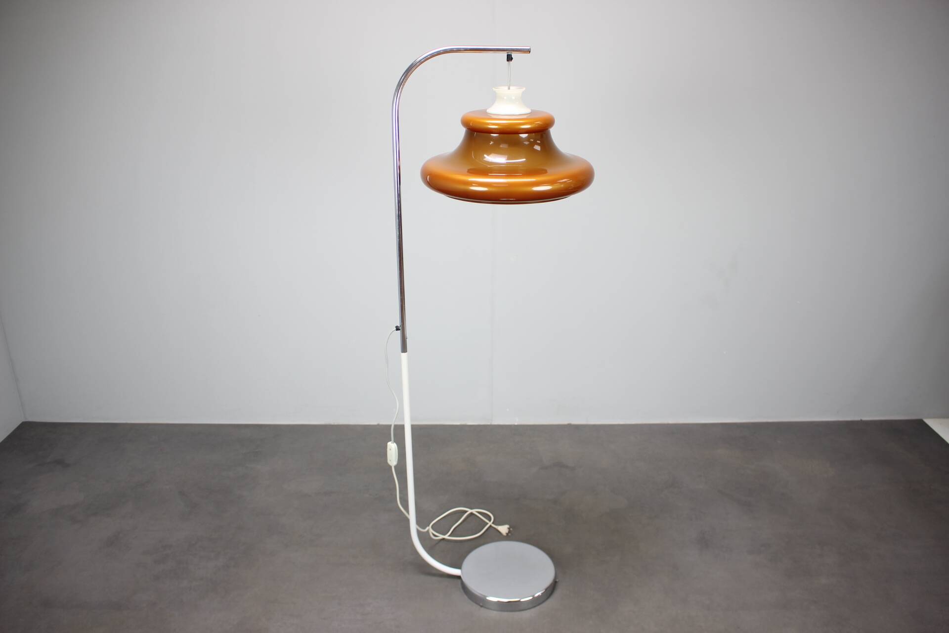 1970s Hungarian space age floor lamp in orange plastic and chrome.