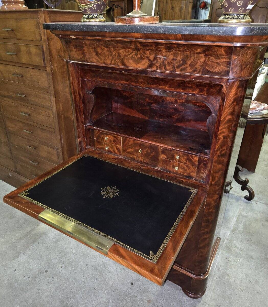 Flamed mahogany secretary from the Restoration period.