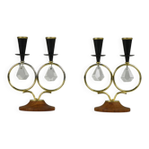 Pair of Brass and Teak Candle Holders with Glass Prisms by Gunnar Ander for Ystad-Metall, Sweden, 1950s
