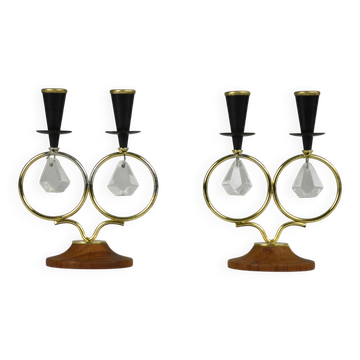 Pair of Brass and Teak Candle Holders with Glass Prisms by Gunnar Ander for Ystad-Metall, Sweden, 1950s