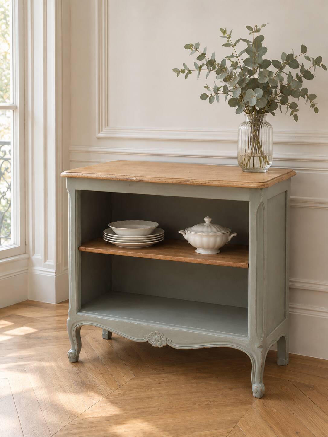 Louis XV style library renovated and enhanced in green-grey.
