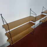 Vintage thong wall shelf, wood and black lace-up metal