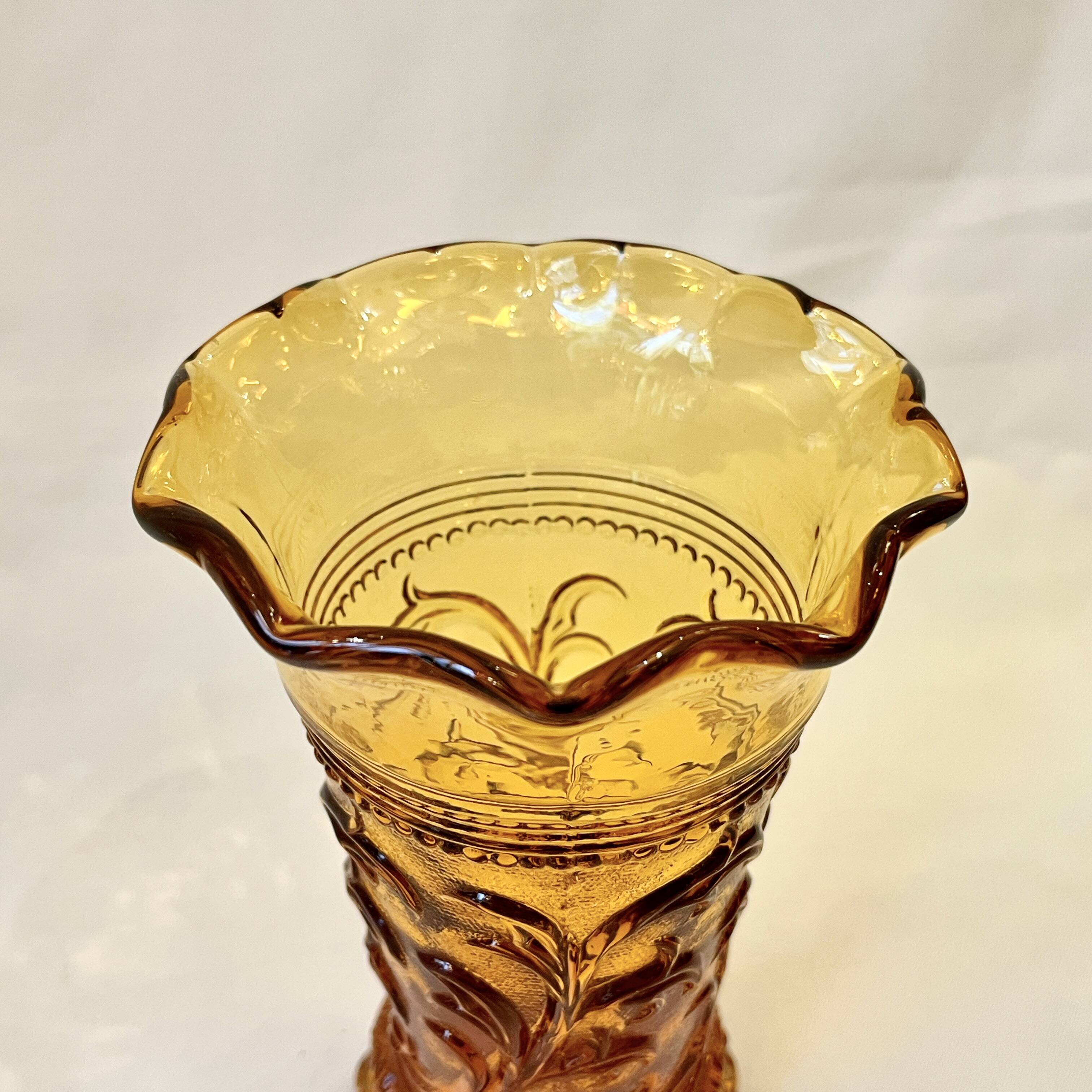 Art Deco Iridescent Amber Glass Vase with Floral Motif - Amber Yellow Glass Vase