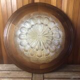 Ancienne suspension verre moulé doré + contour bois vintage #a378