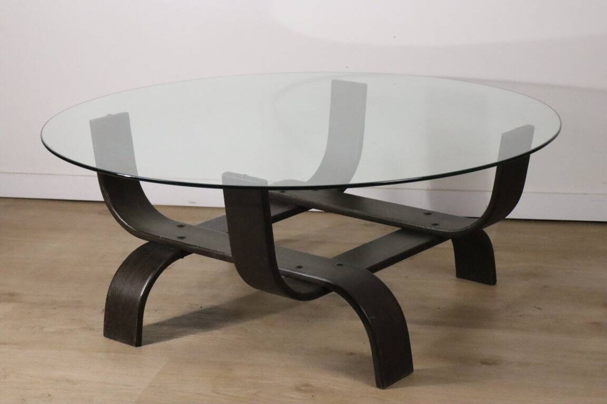 Vintage Fubo coffee table – curved wood & smoked glass – 1970s
