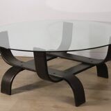 Vintage Fubo coffee table – curved wood & smoked glass – 1970s