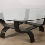 Vintage Fubo coffee table – curved wood & smoked glass – 1970s