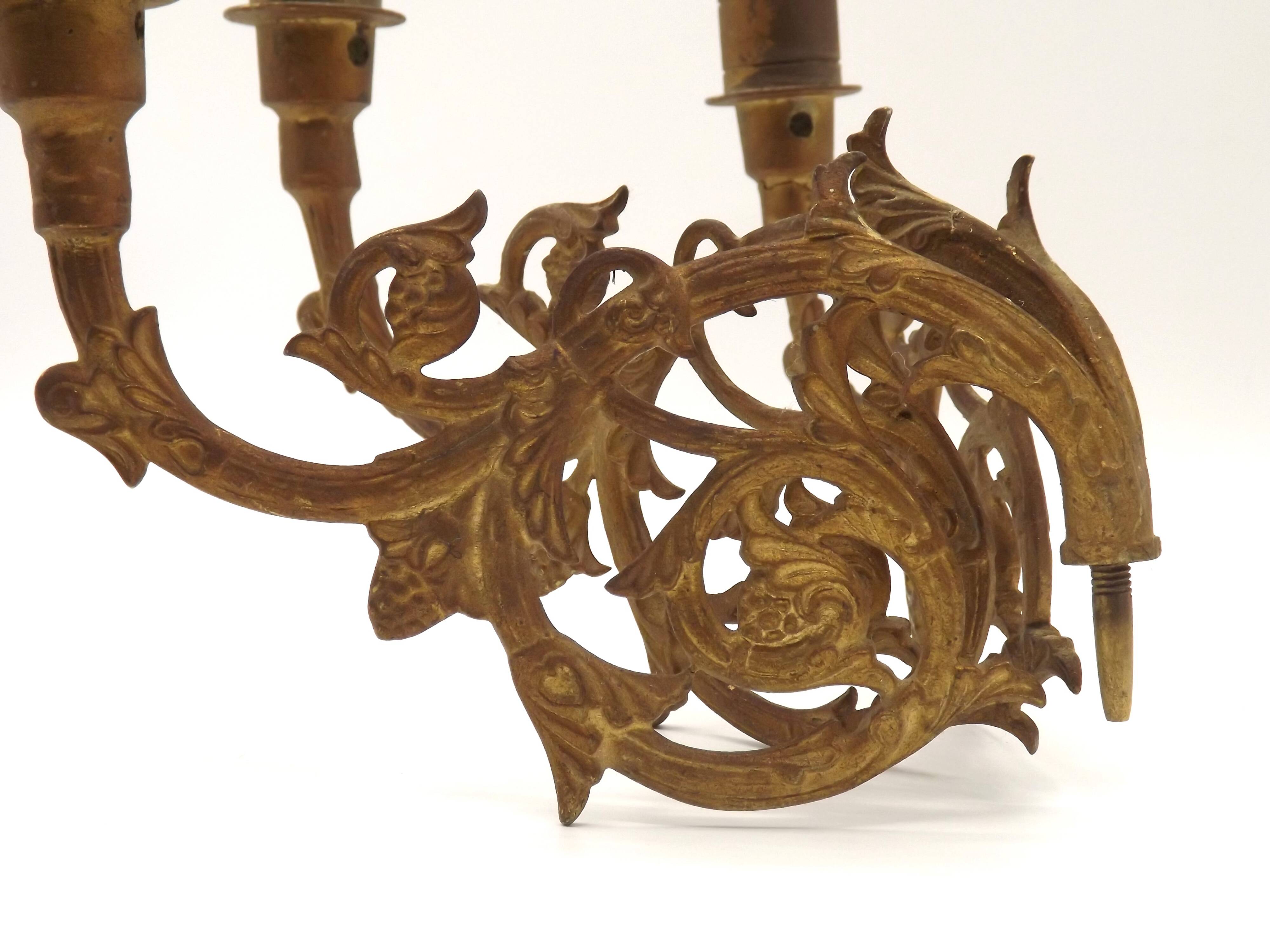 Stunning Pair of Large Antique 3-Arm Gilt Bronze Piano Sconce Candle Holders 4916