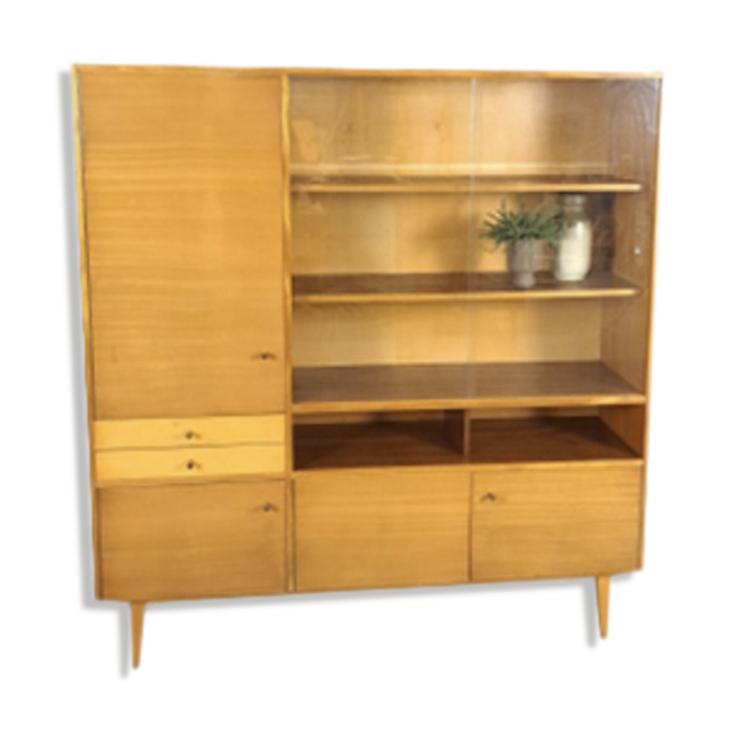 Vintage wooden sideboard with sliding glass doors and drawers