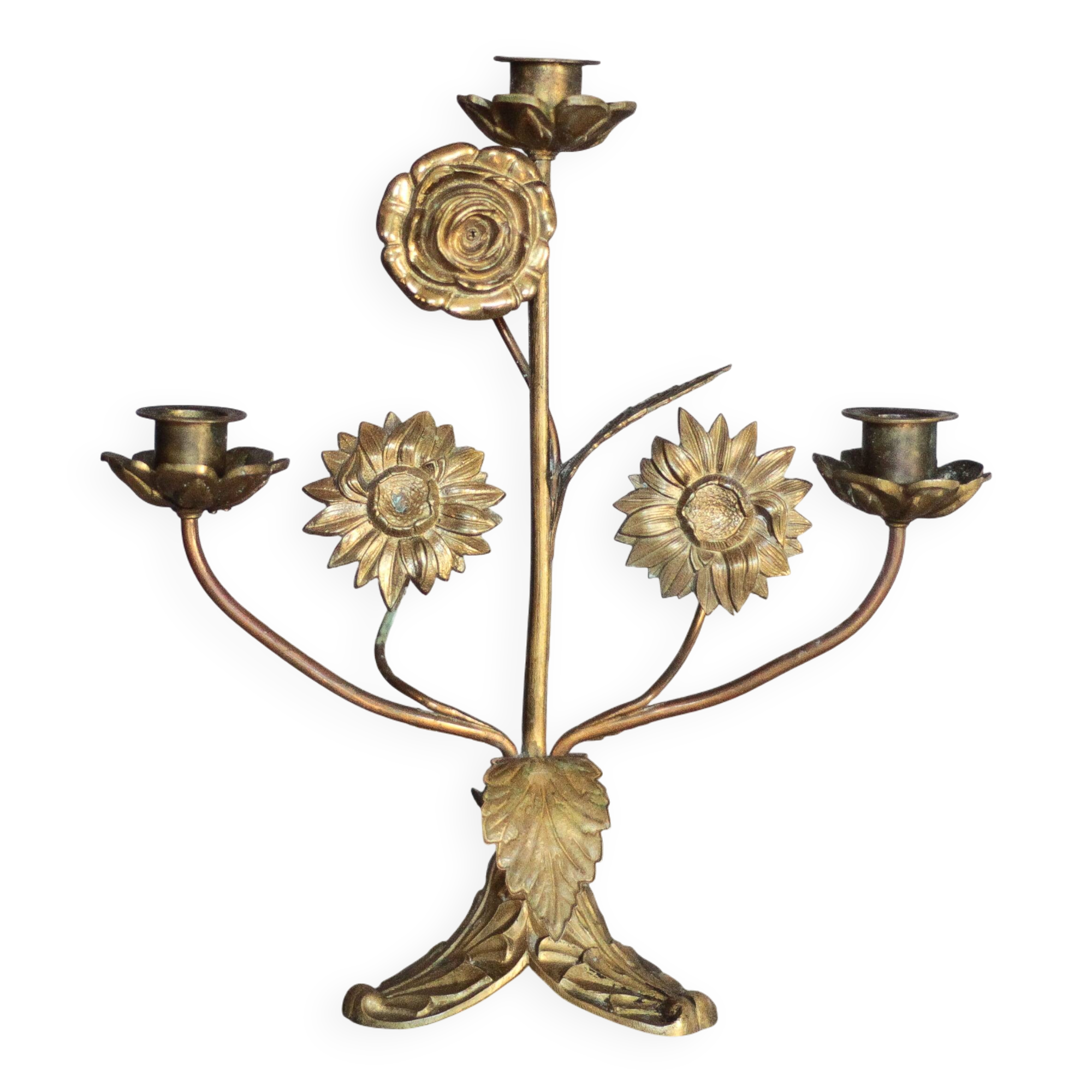 Candélabre 3 bougies en laiton à décor de fleurs
