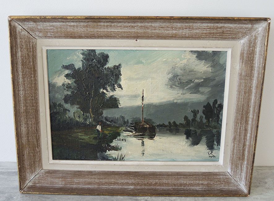 Oil on wood painting signed and framed: river boat