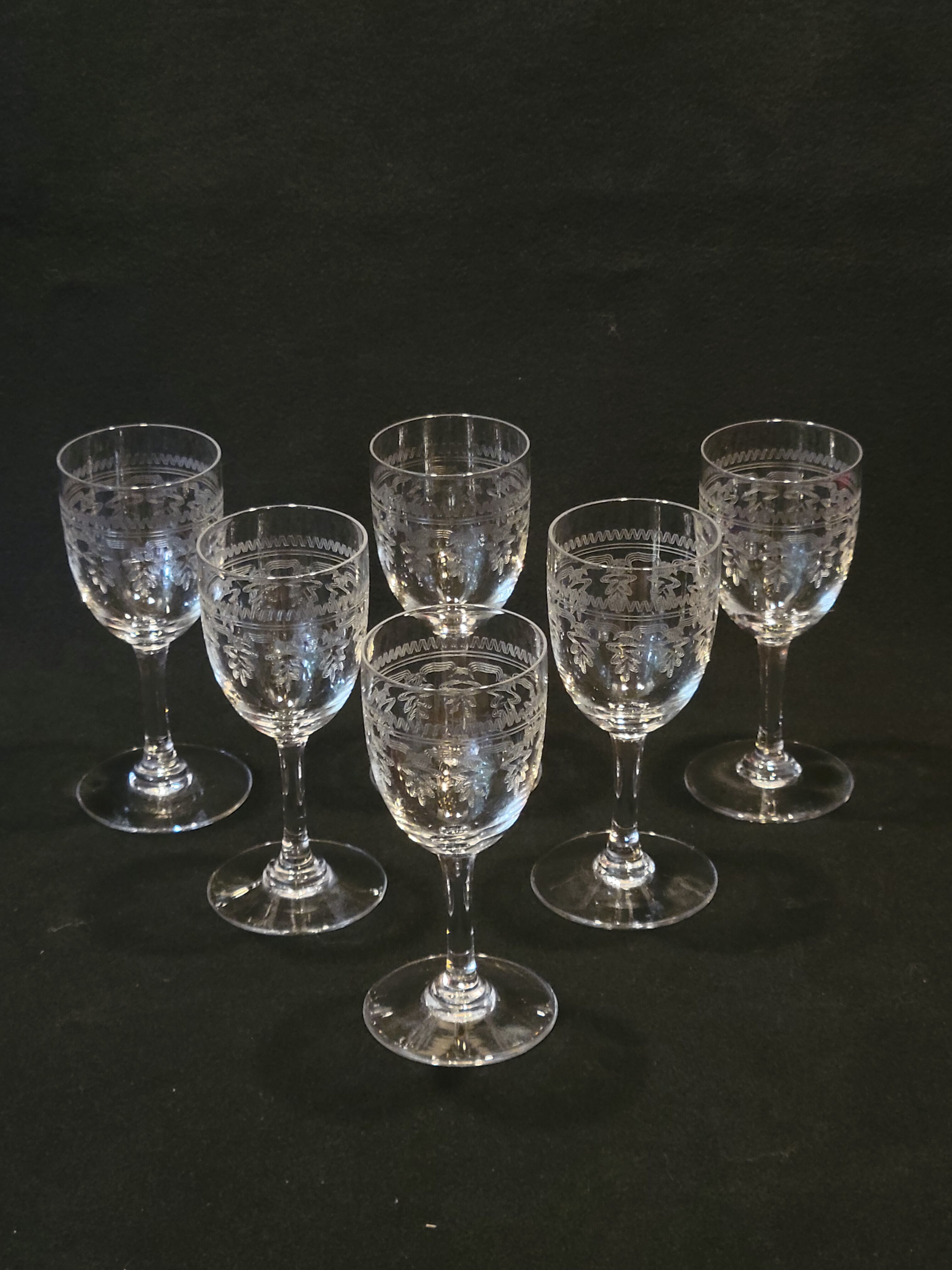 6 old glasses with engraved baccarat crystal wine stems