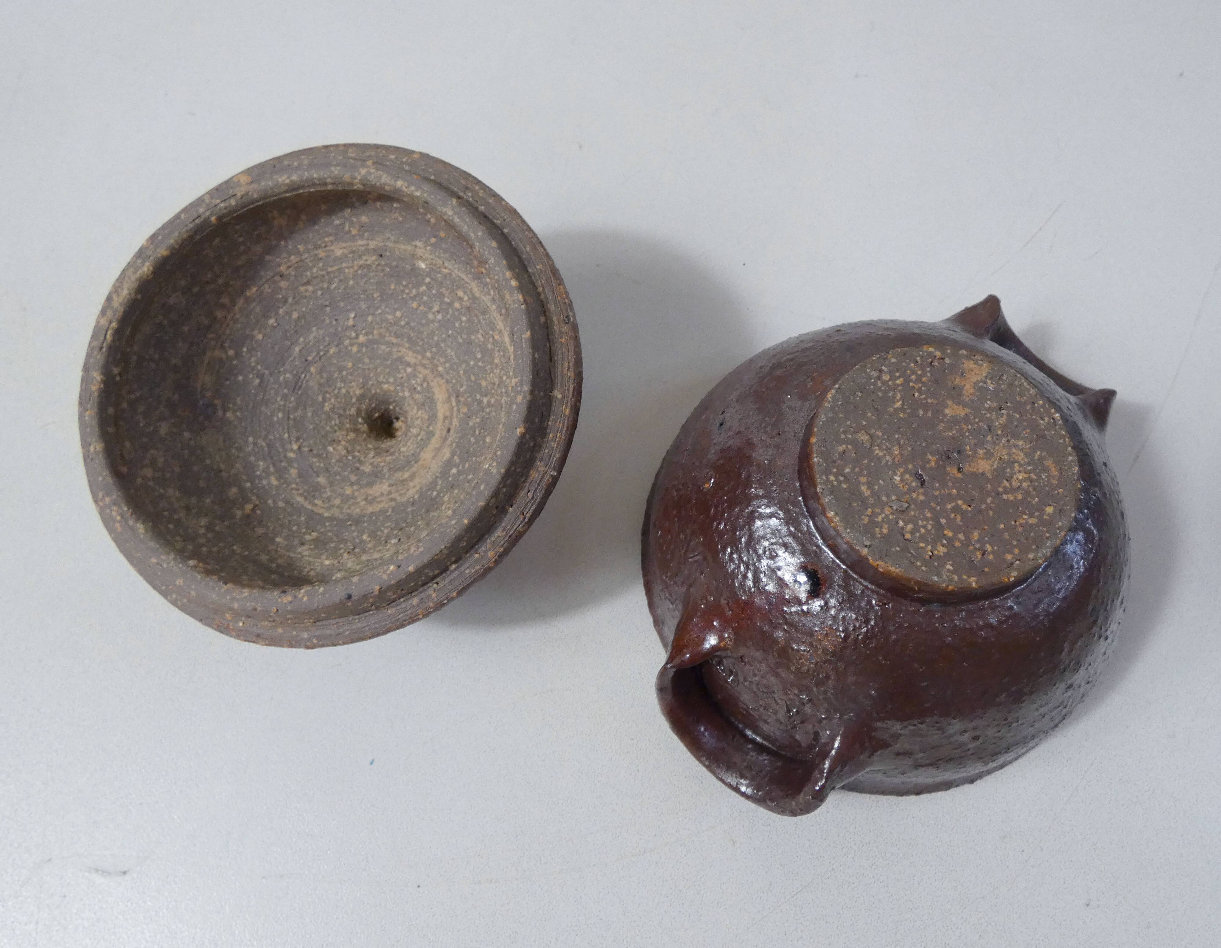 coffee service in iridescent stoneware cups and vintage sugar bowl