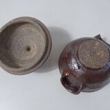 coffee service in iridescent stoneware cups and vintage sugar bowl