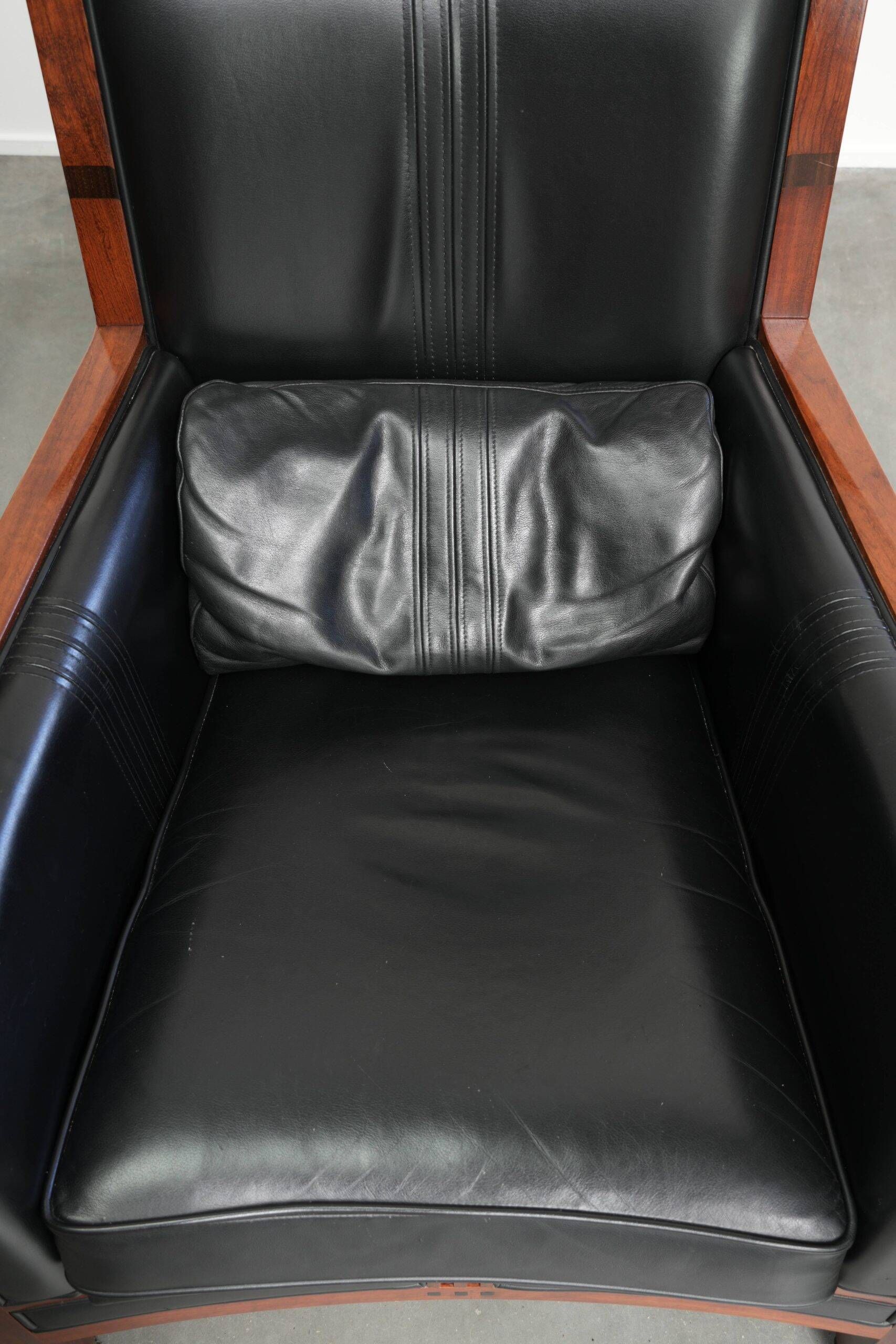 Set of 2 Art Deco design armchairs in black cowhide leather