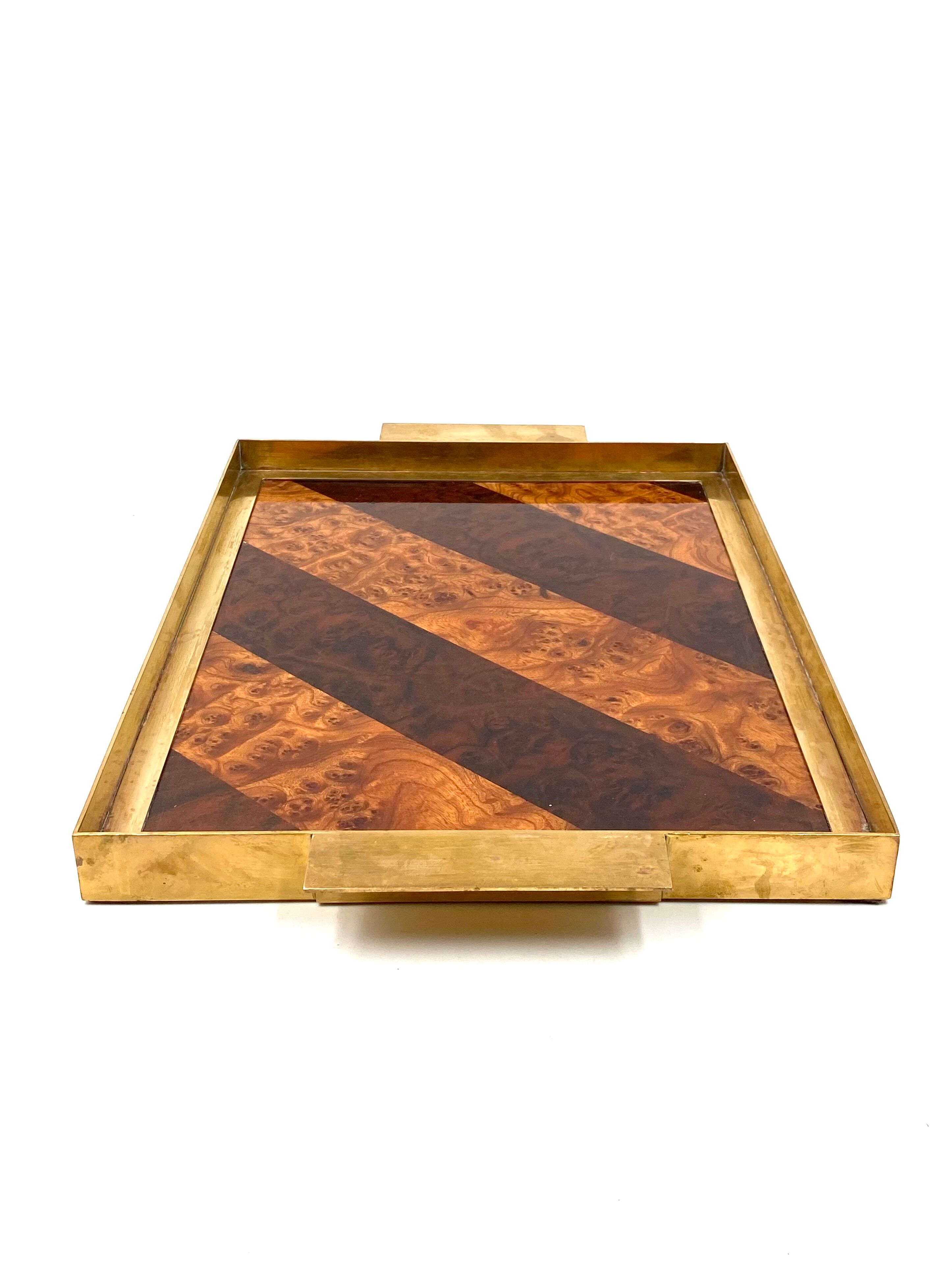 Brass and inlaid woods tray, italy 1970s