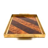 Brass and inlaid woods tray, italy 1970s