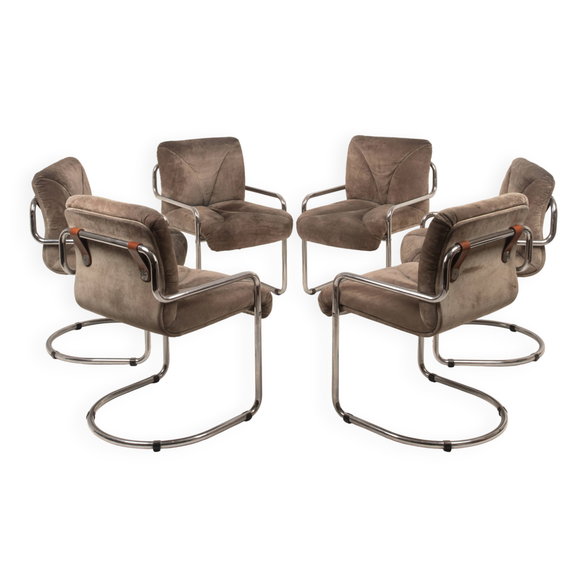 Guido Faleschini Italian Astro Chrome and Taupe Suede Armchairs for i4 Mariani