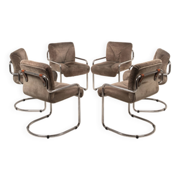 Guido Faleschini Italian Astro Chrome and Taupe Suede Armchairs for i4 Mariani