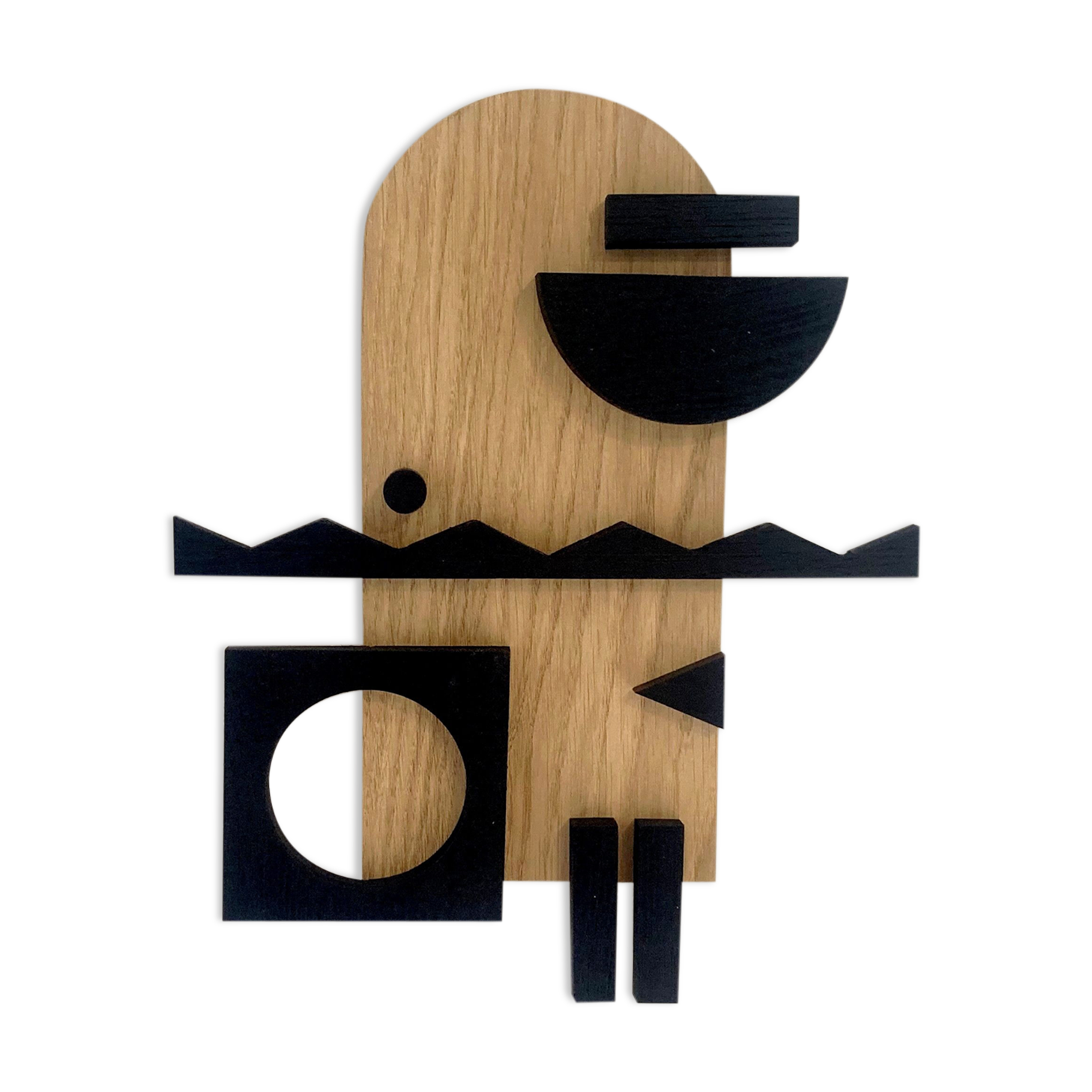 Geometric wooden painting - relief collage of natural and black wood
