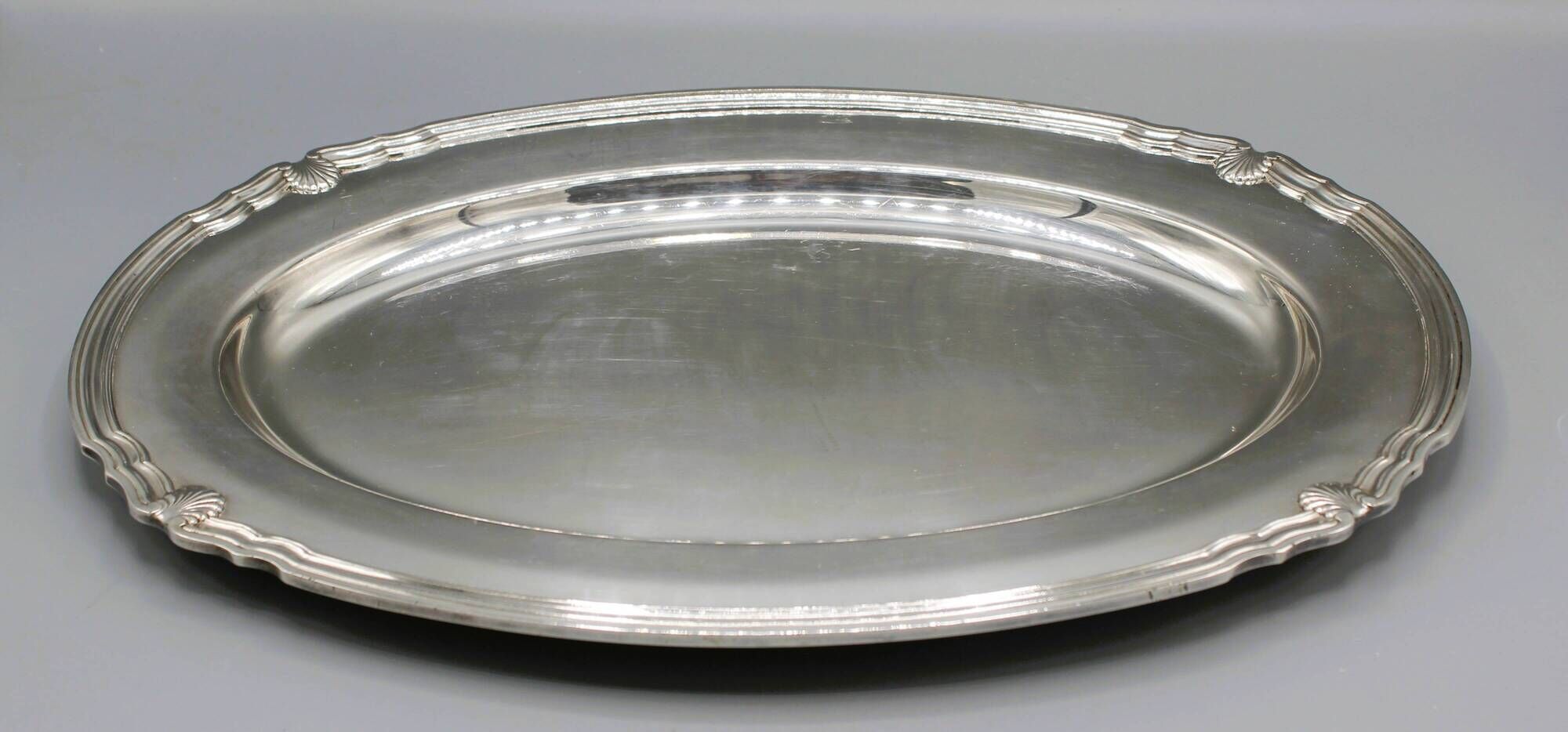Very beautiful oval flat serving platter in silvered metal gallia coqui decoration