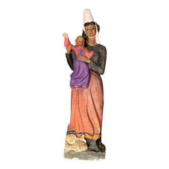 Vierge à l'enfant en plâtre bretonne 1900 polychromie modelage