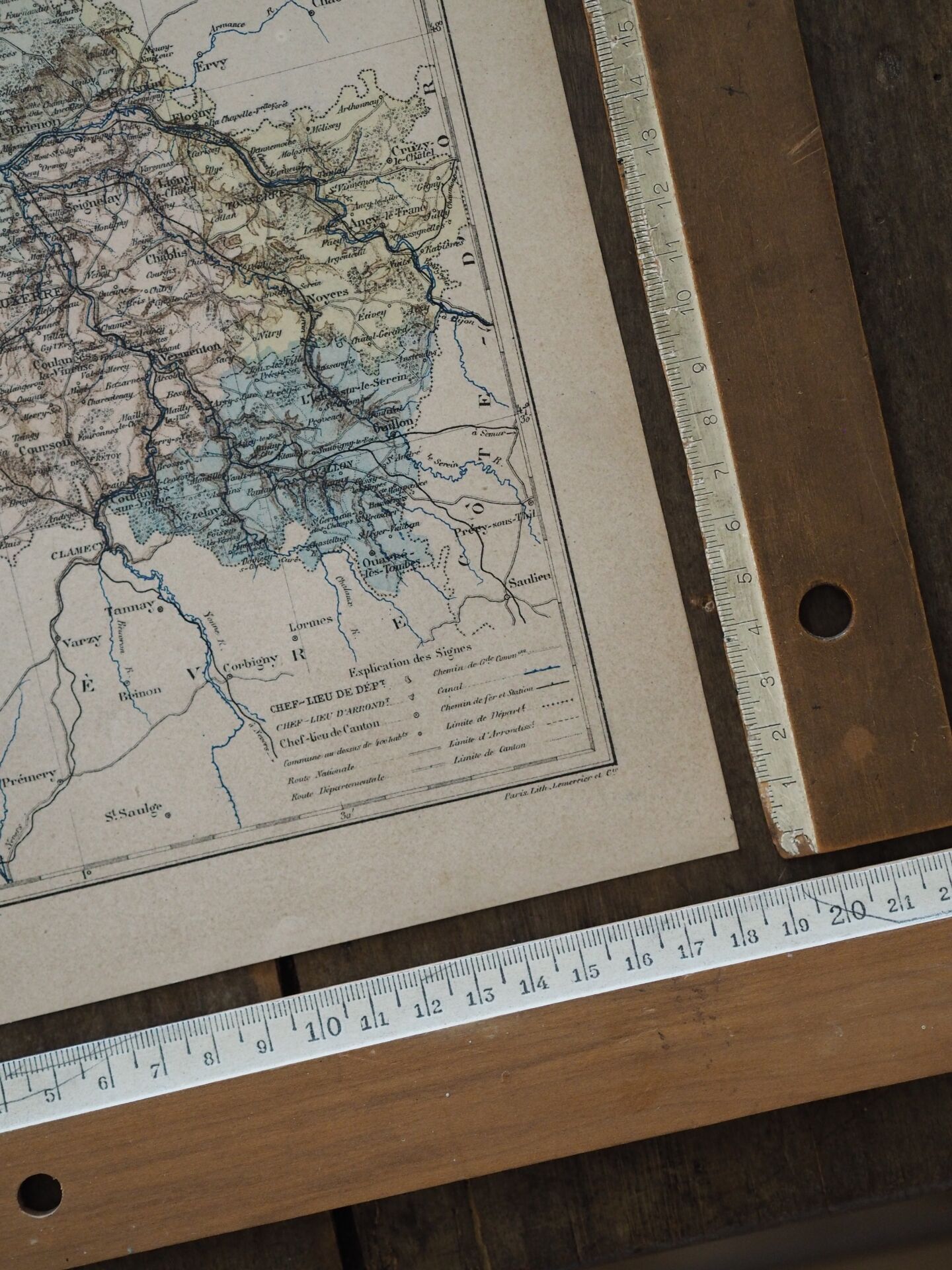 Map of the Yonne, printed in 1889. Authentic Vintage.