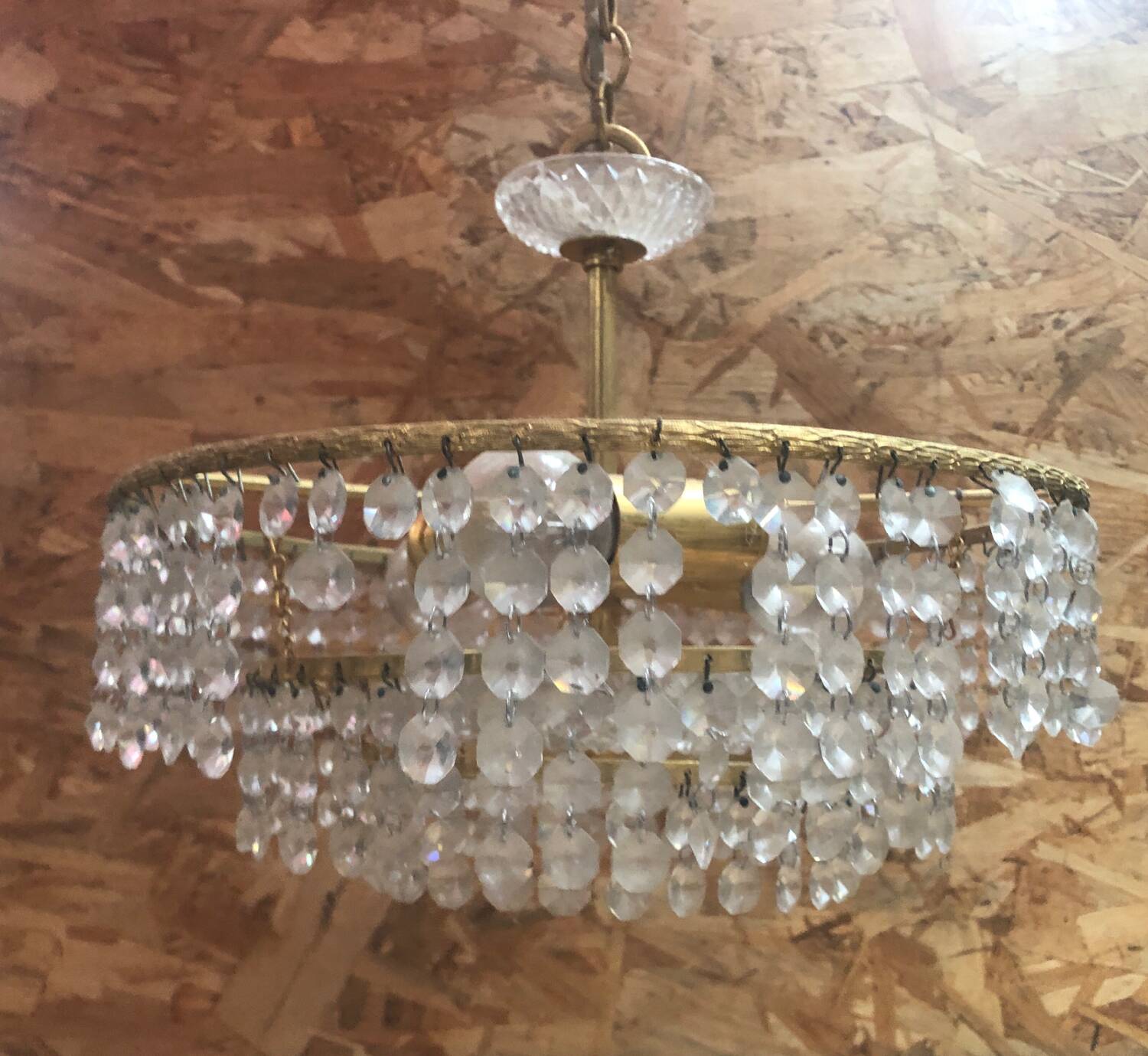 Ancien Lustre Laiton Cascade Pampilles Vintage