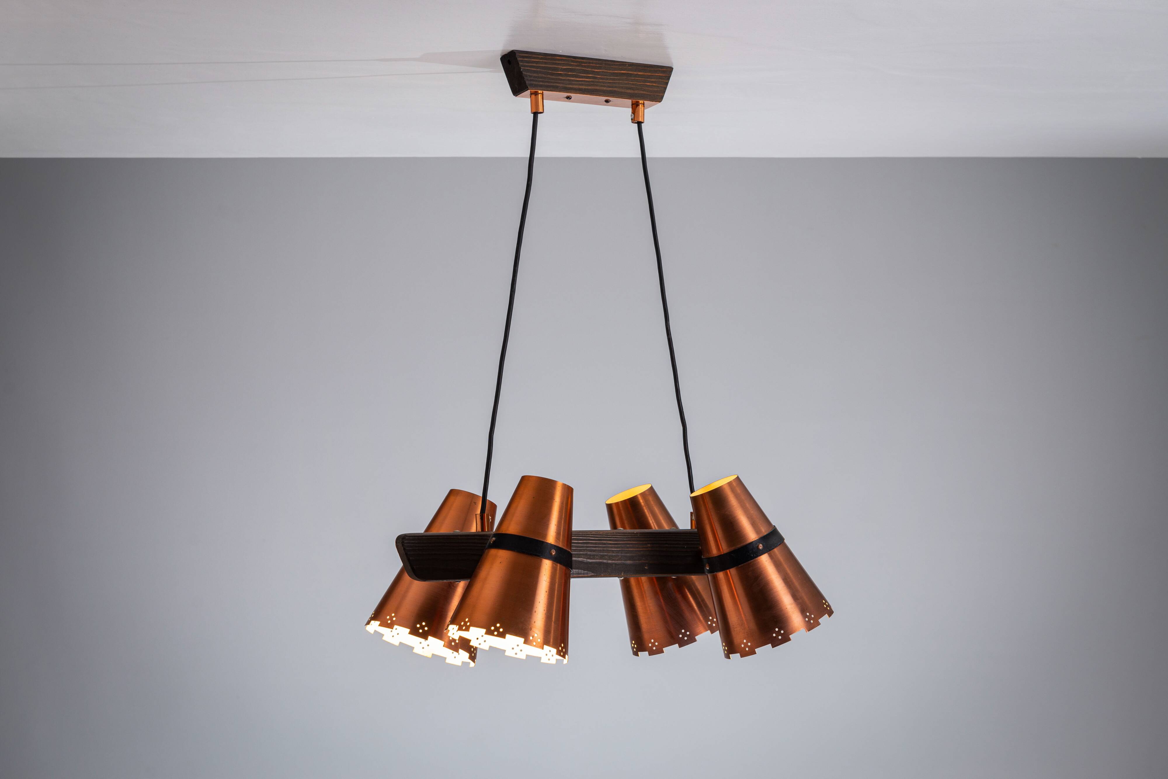 Ceiling lamp in dark stained wood with four brass shades, Sweden, 1960s