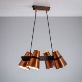 Ceiling lamp in dark stained wood with four brass shades, Sweden, 1960s