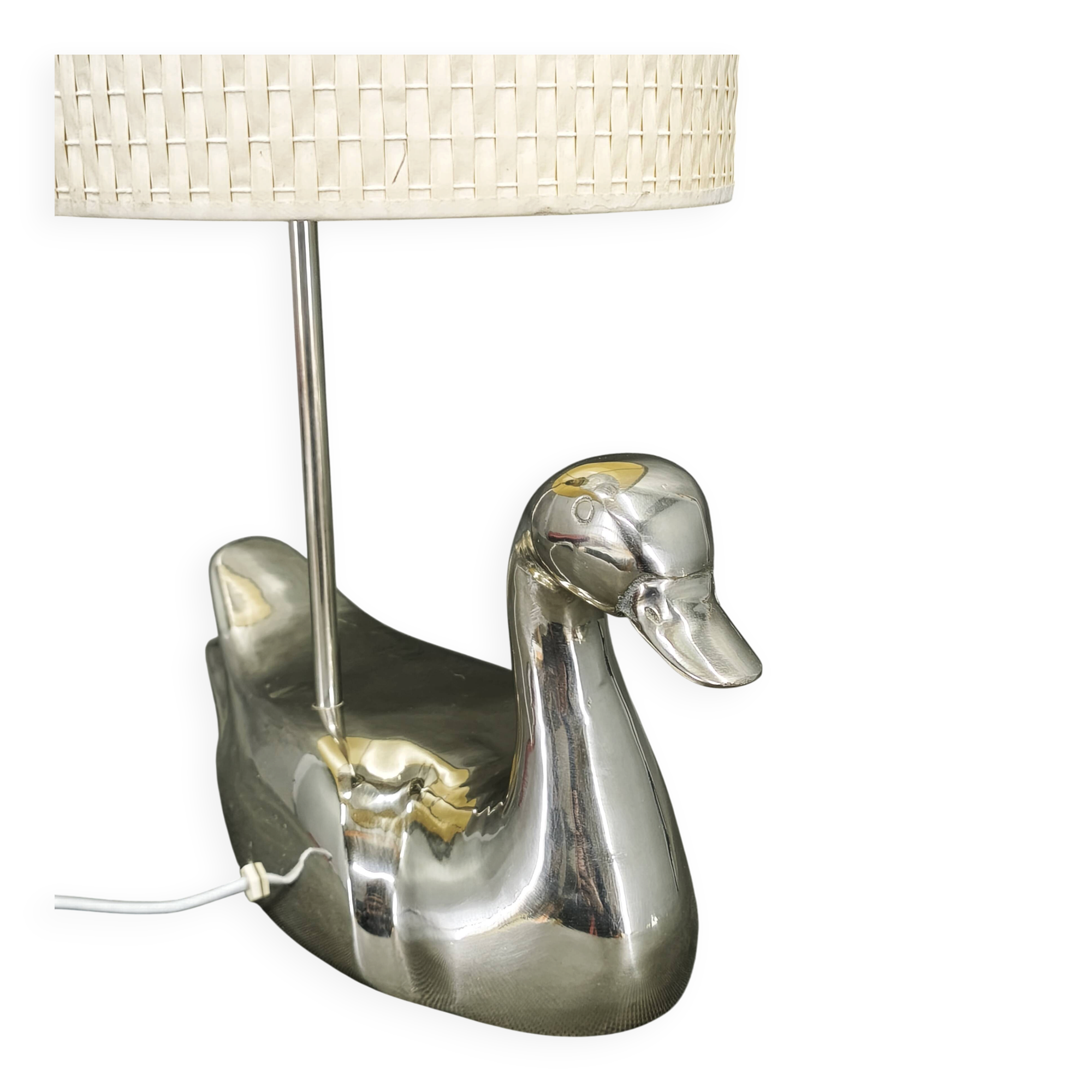 Italian Chrome Duck Table Lamp with Original Shade, 1970s