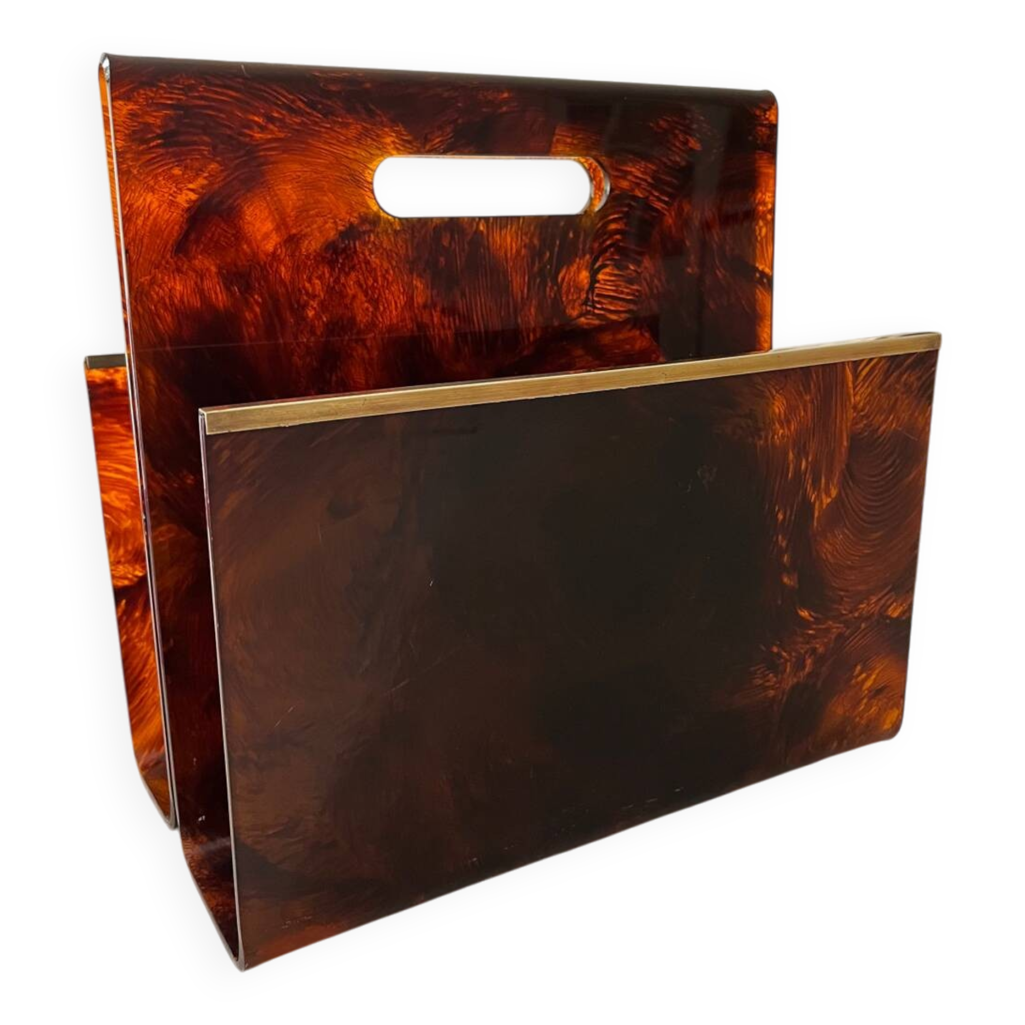 1970s lucite tortoiseshell magazine rack