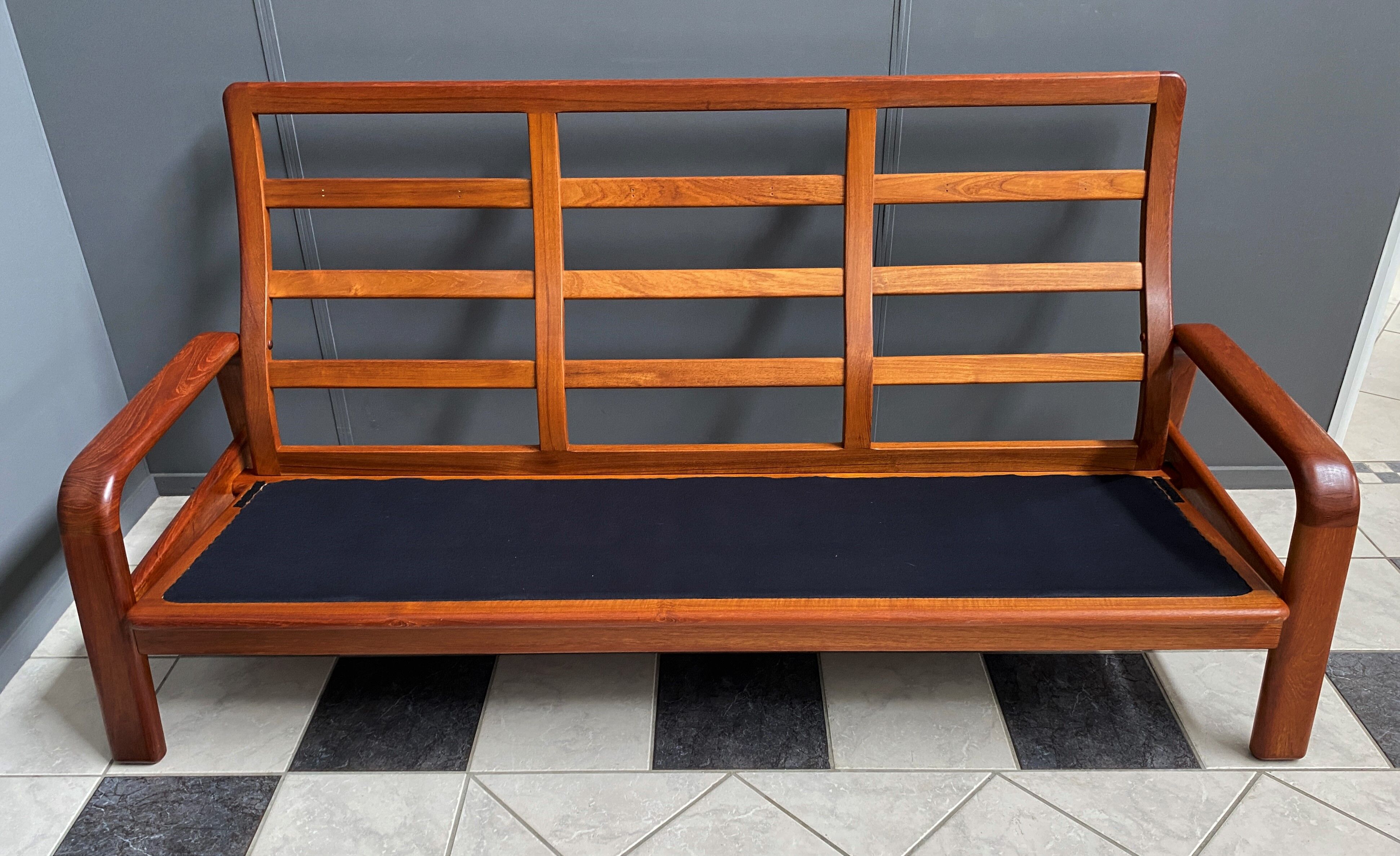 Teak and Black Leather 32 seat sofa by HS Denmark 1970s