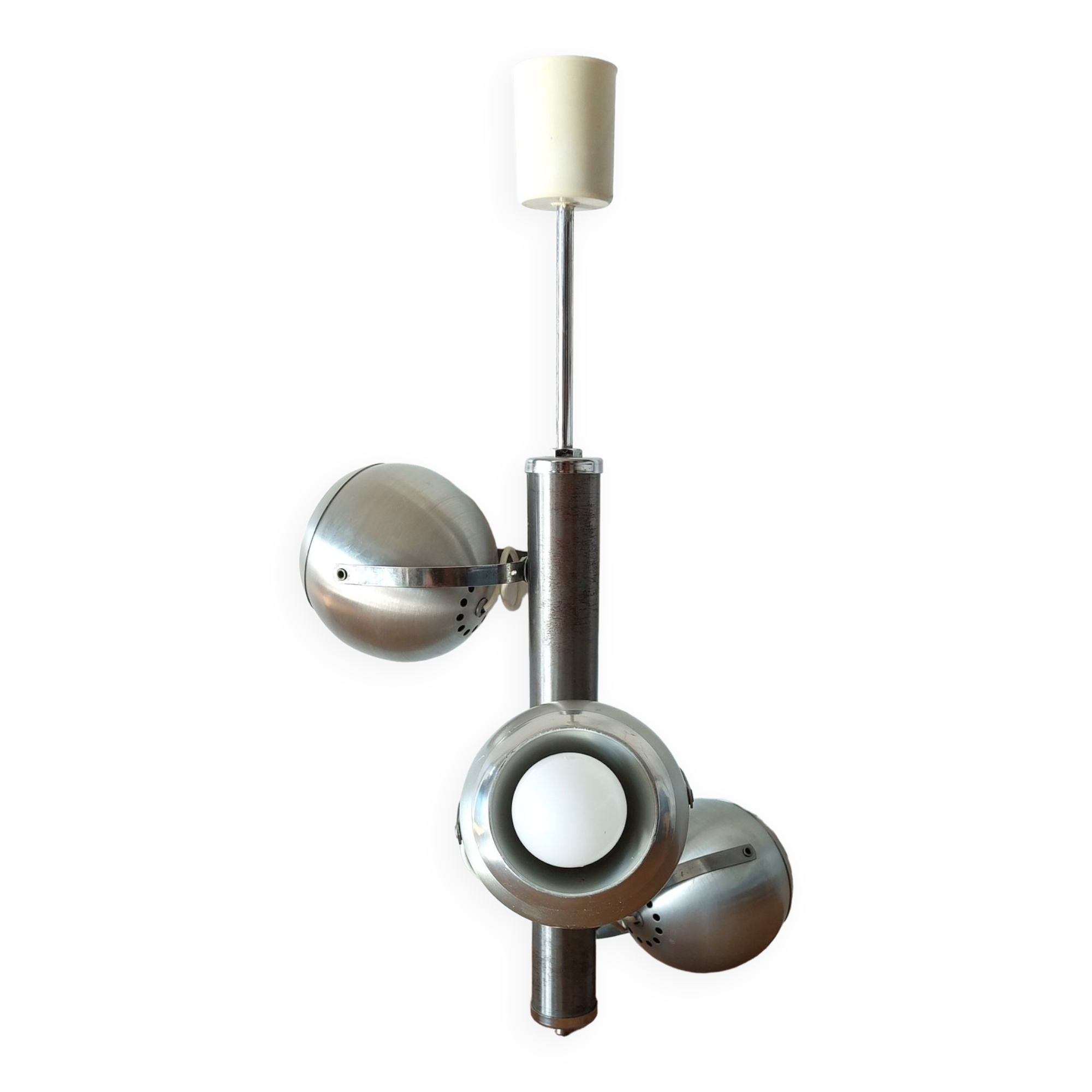 Lustre Italien à trois lumières en alu brossé 1970 "Eyeball"