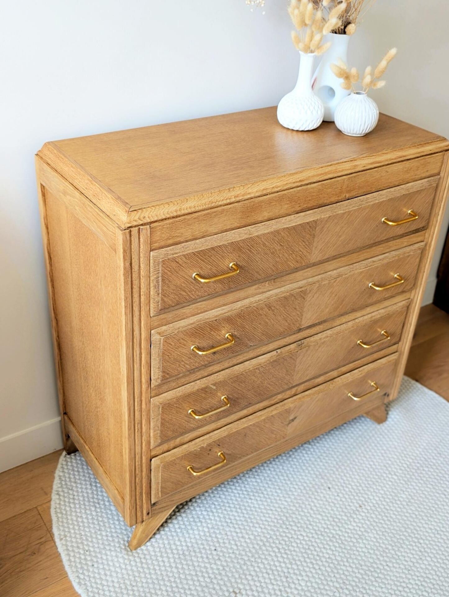 Commode vintage rénovée, chêne blond, pieds compas, années 50 60