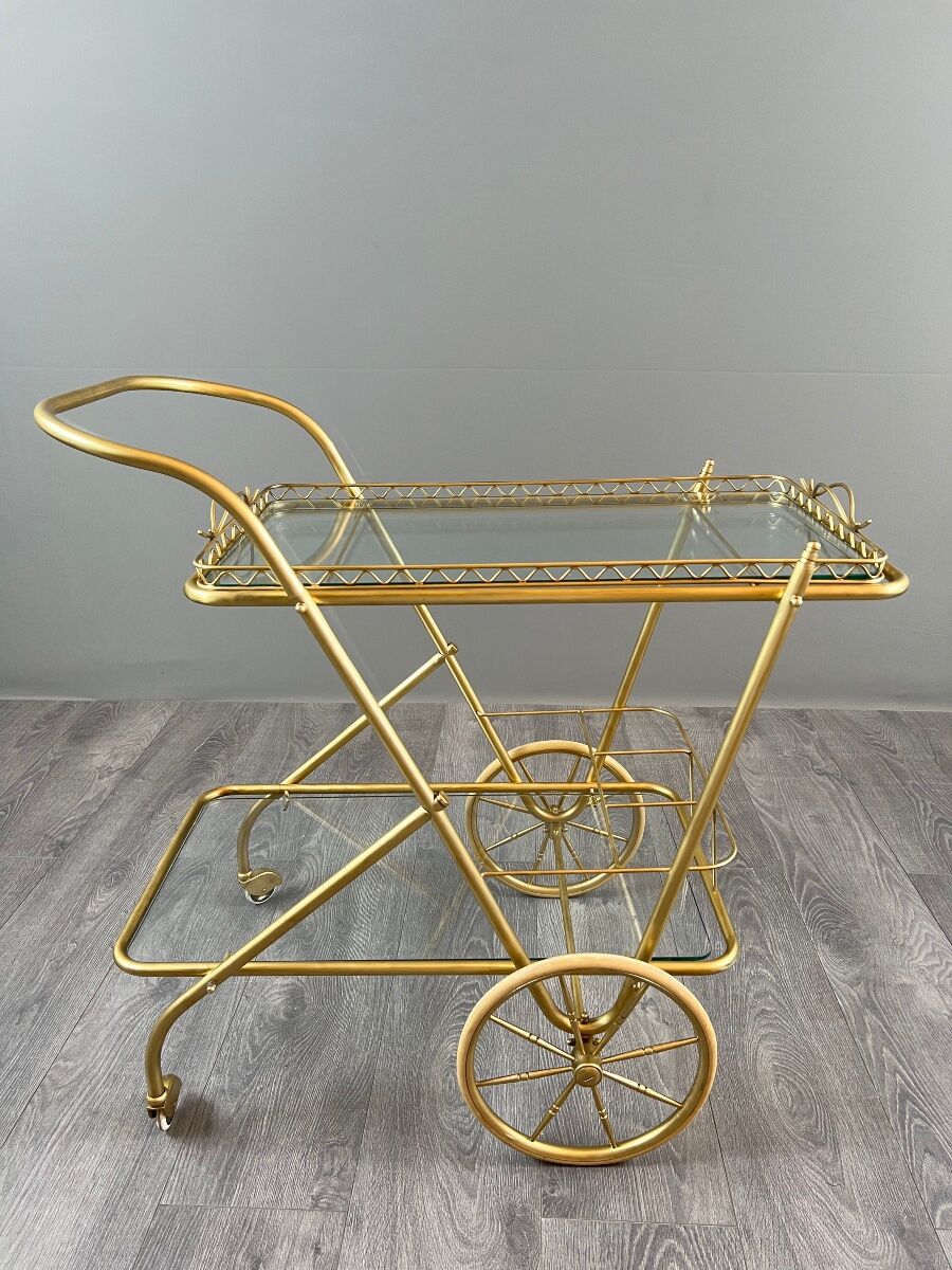 Rolling table cart in brass and glass, 20th century