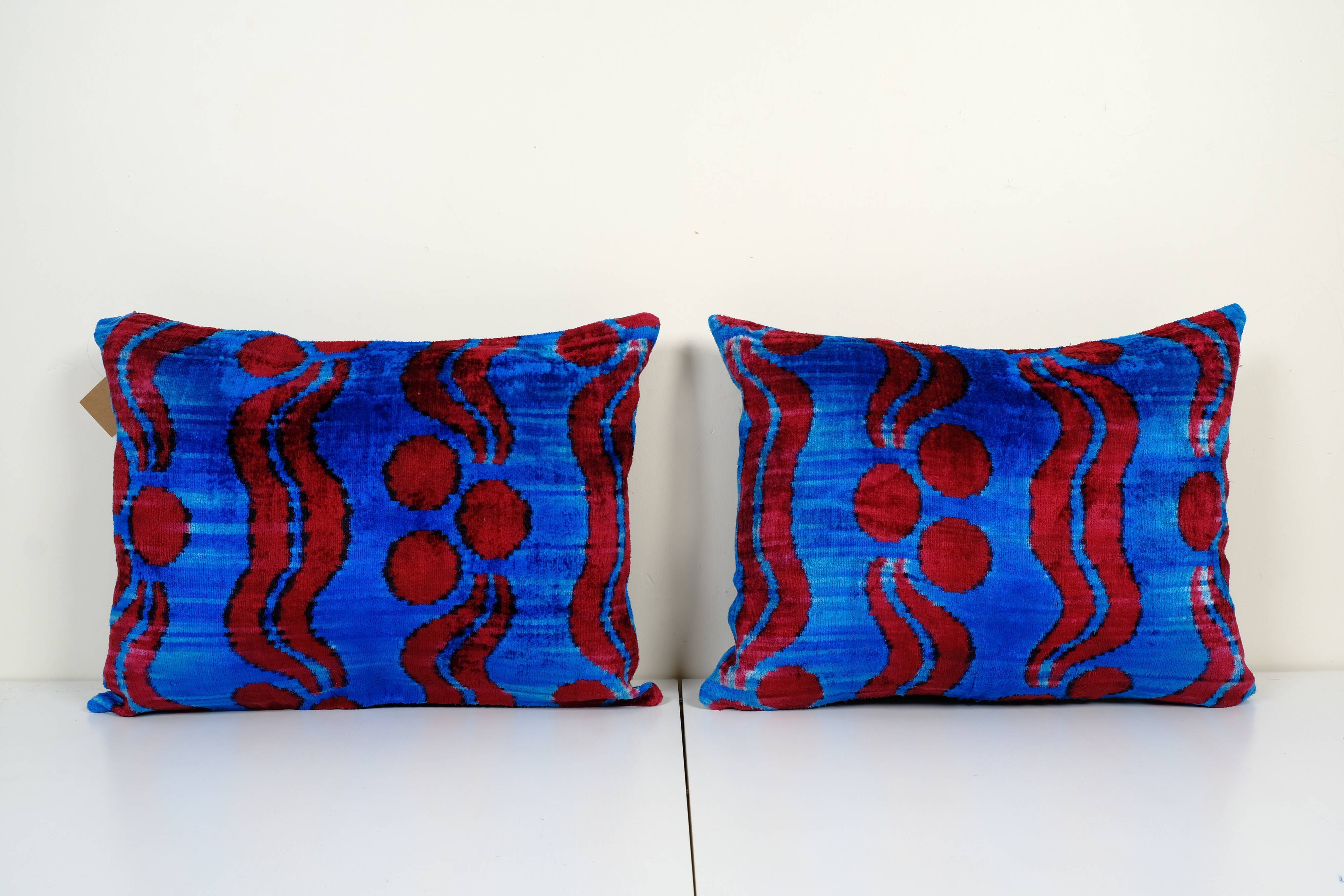 Handmade blue ikat velvet pillows