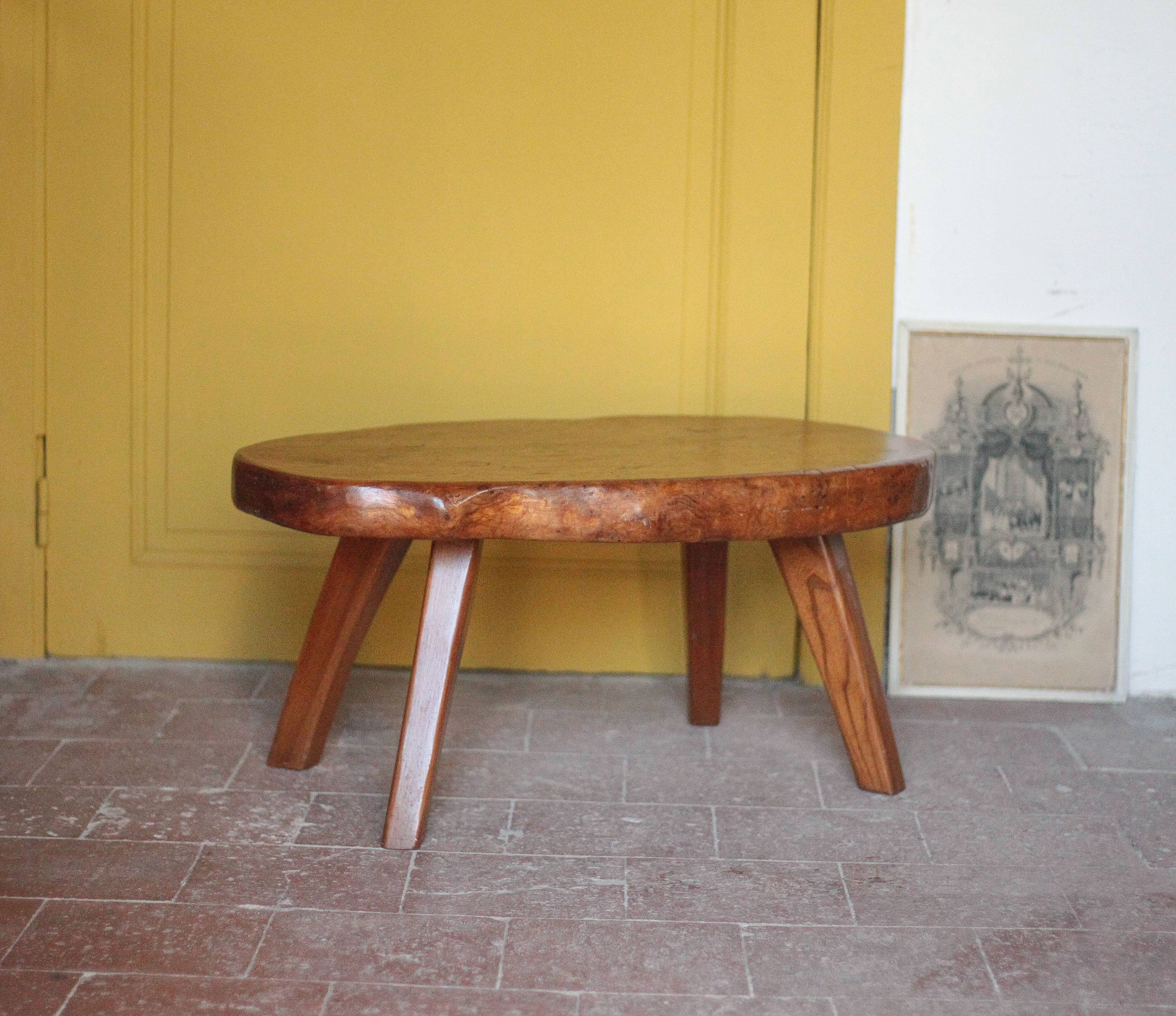Brutalist coffee table made of elm burl, interior decor, living room table.