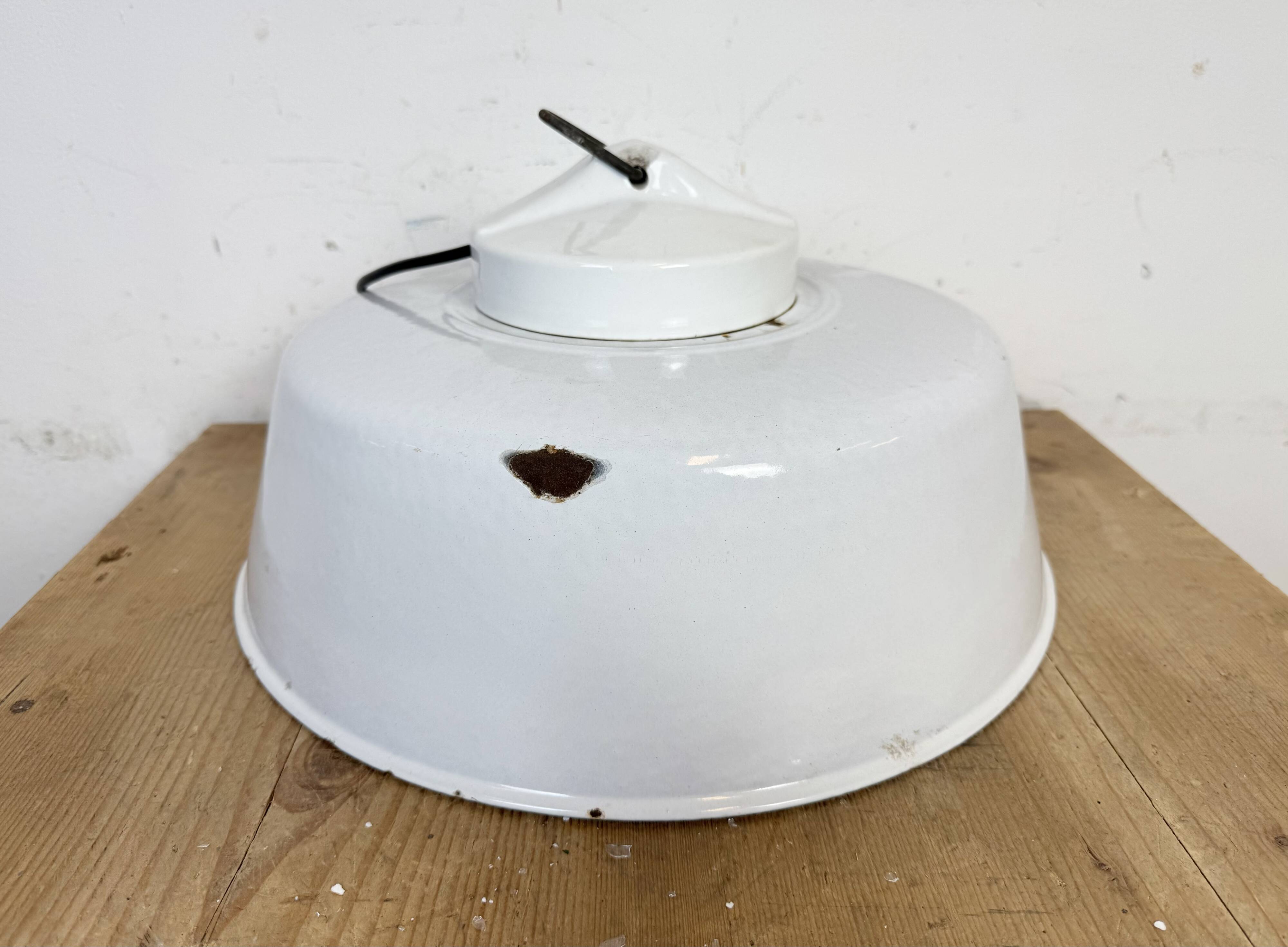 Industrial Grey Enamel Factory Pendant Lamp with Glass Cover, 1960s