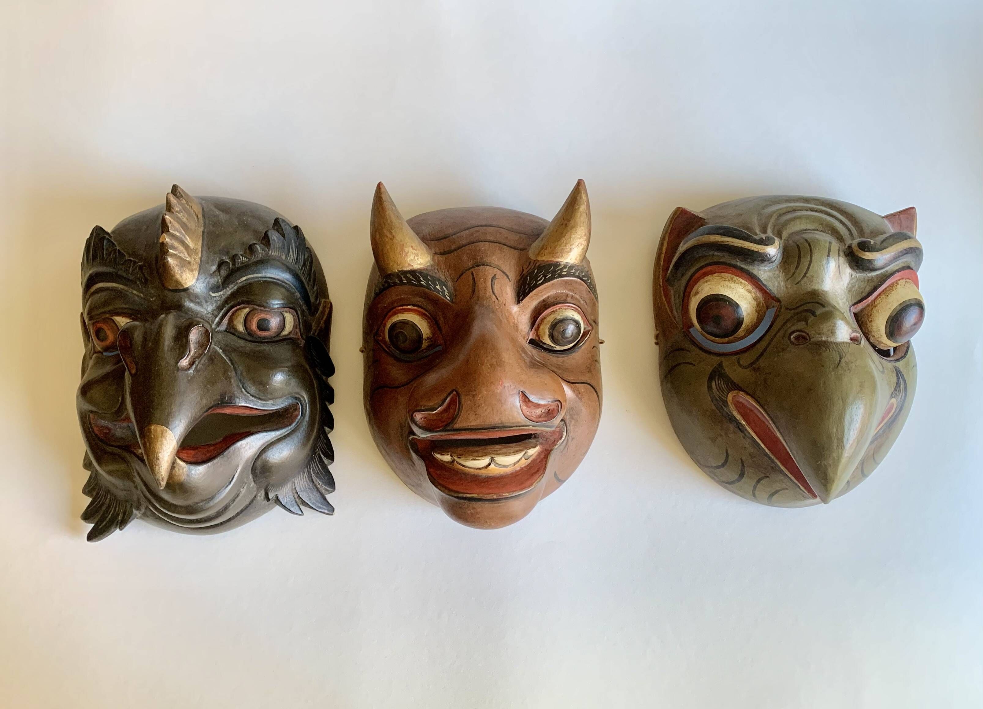 Set of 3 Hand-Carved Old  Wooden Masks South Asia
