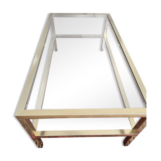 Pierre Vandel Paris 1970s vintage coffee table in brass and glass.