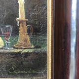 Painting, still life with fruit and candle, hst, signed and dated 1979