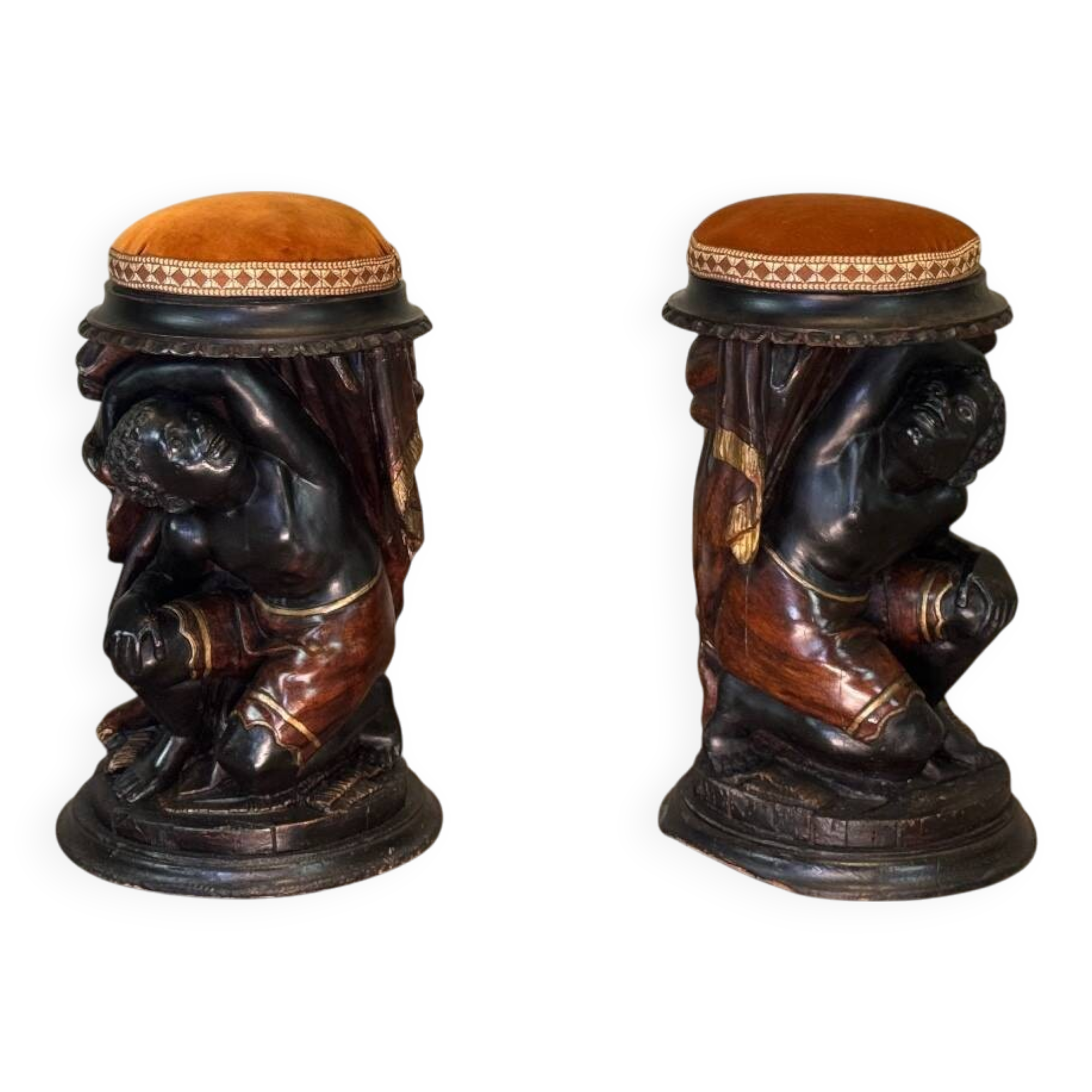 Pair of Nubian stools, polychrome sculptures, Venice circa 1880