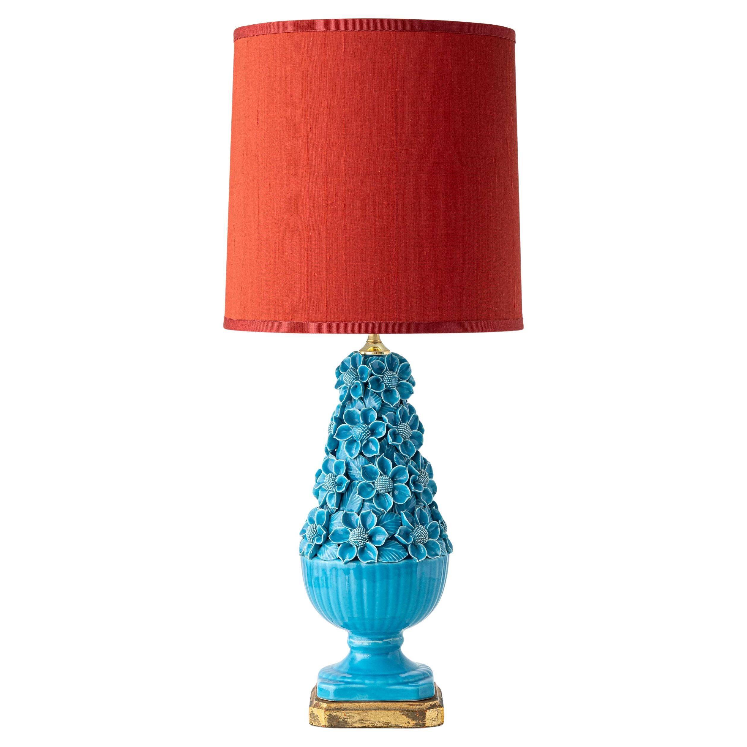 Turquoise glazed ceramic floral table lamp from Manises mid-century, with a new silk shade.